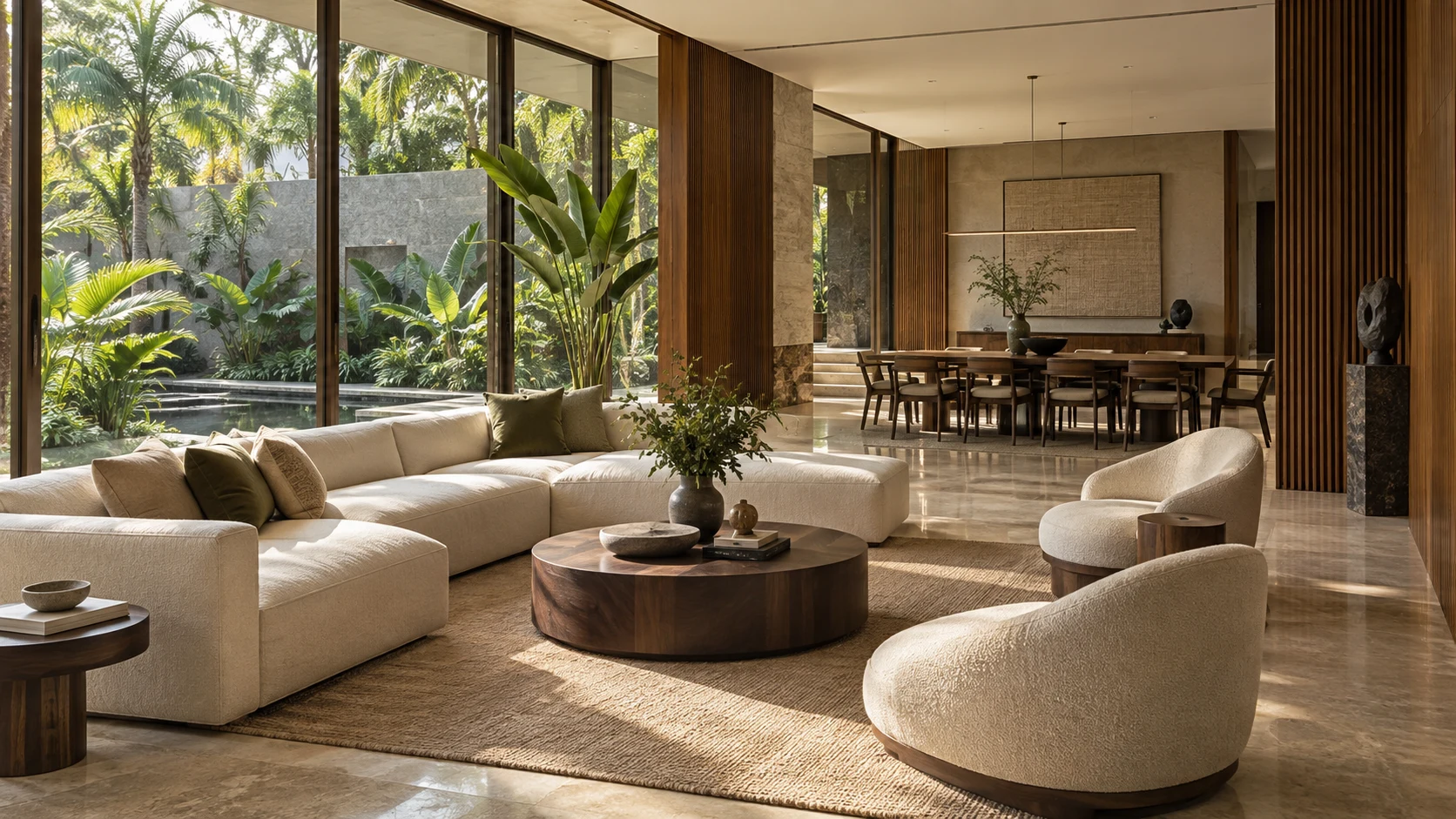 Illustrative living room with walnut finishes and garden views