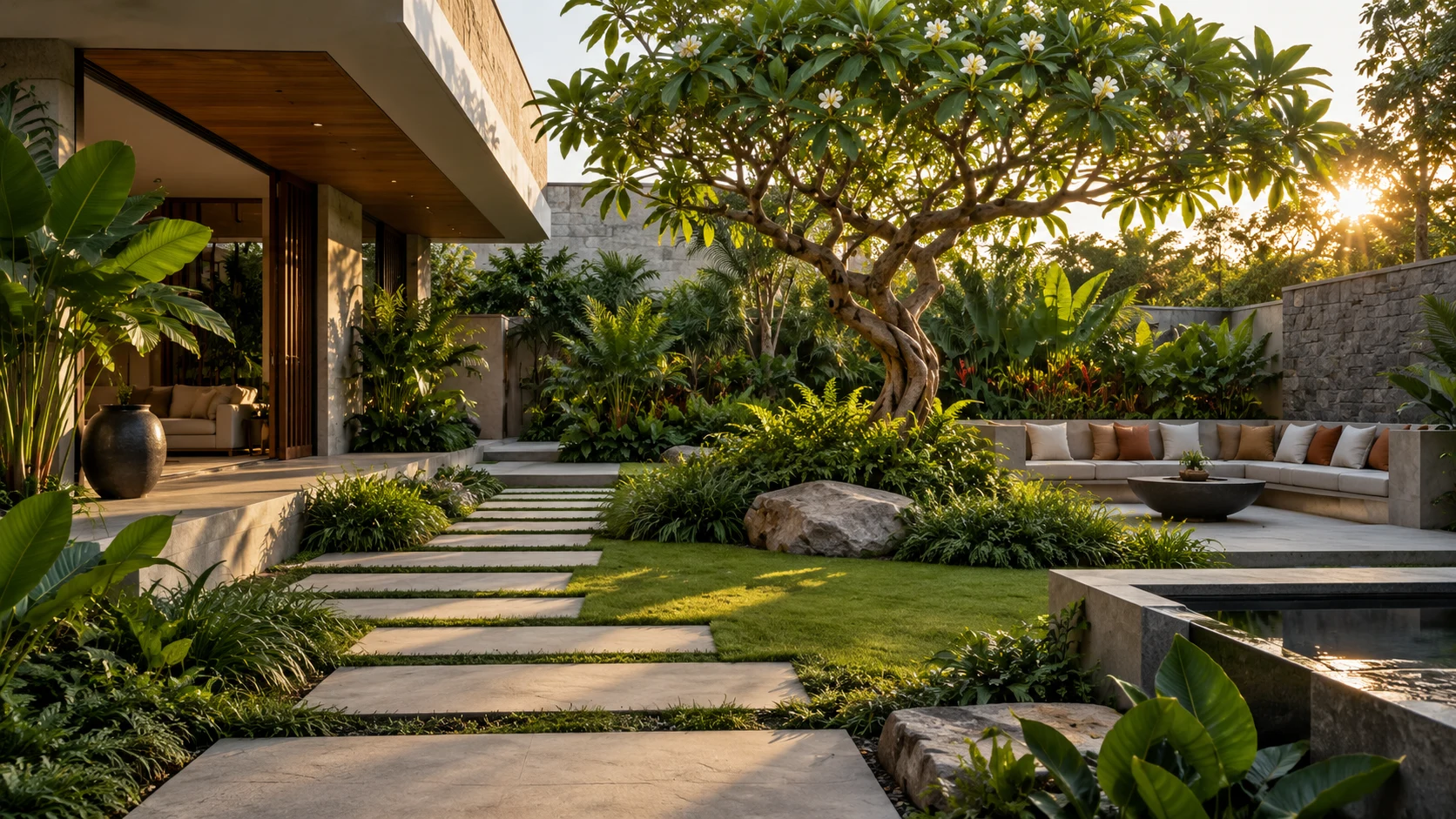 Illustrative tropical courtyard with natural stone paths and layered planting